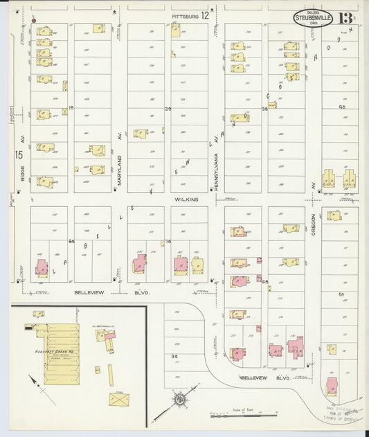 Sanborn Fire Insurance Map from Steubenville, Jefferson County, Ohio (1913), Sheet #0013 - Historic Sanborn Fire Insurance Map Print, vintage old map wall art, antique decor, genealogy gift, Ohio Ohio map