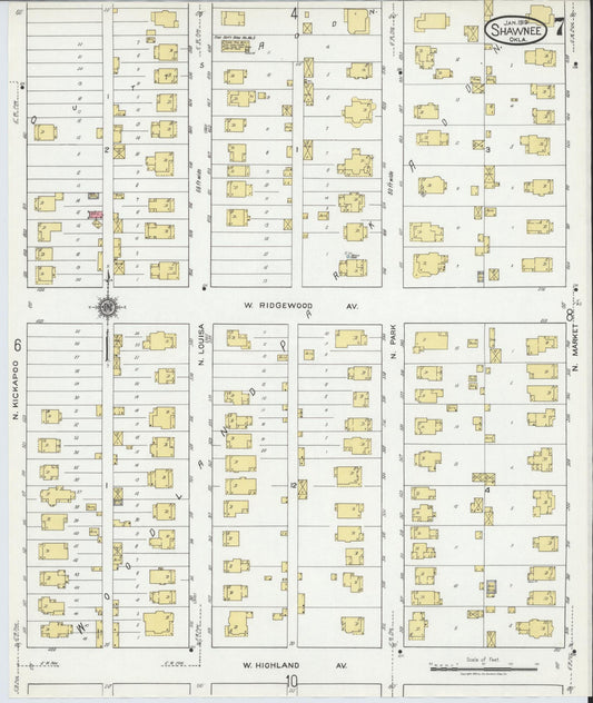 Sanborn Fire Insurance Map from Shawnee, Pottawatomie County, Oklahoma (1919), Sheet #0007 - Historic Sanborn Fire Insurance Map Print, vintage old map wall art, antique decor, genealogy gift, Oklahoma Oklahoma map
