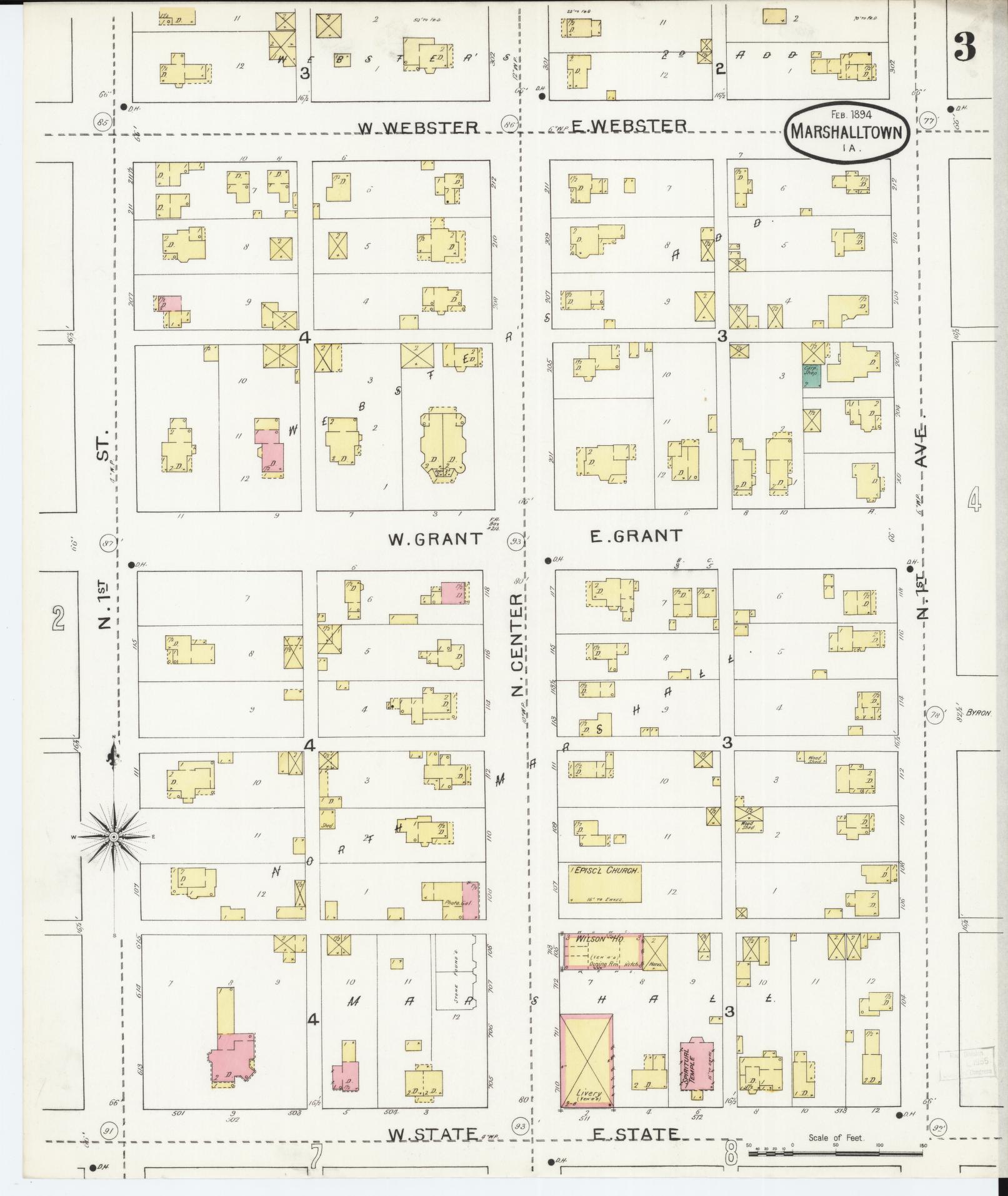 Sanborn Fire Insurance Map from Marshalltown, Marshall County, Iowa (1894), Sheet #0003 - Historic Sanborn Fire Insurance Map Print, vintage old map wall art