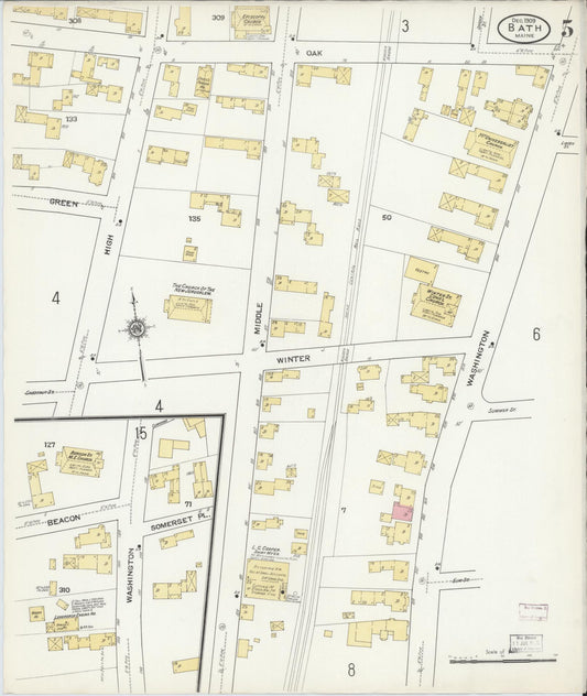 Sanborn Fire Insurance Map from Bath, Sagadahoc County, Maine (1909), Sheet #0005 - Historic Sanborn Fire Insurance Map Print, vintage old map wall art, antique decor, genealogy gift, Maine Maine map