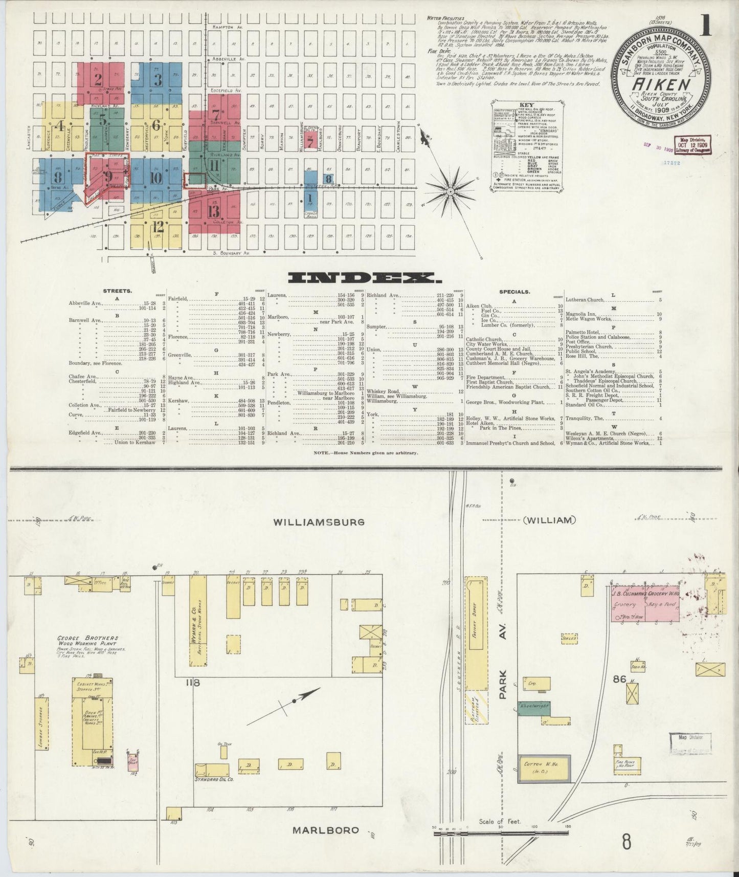 Sanborn Fire Insurance Map from Aiken, Aiken County, South Carolina (1909), Sheet #0001 - Complete Map Set gallery image, historic Sanborn map, vintage wall art, South Carolina South Carolina
