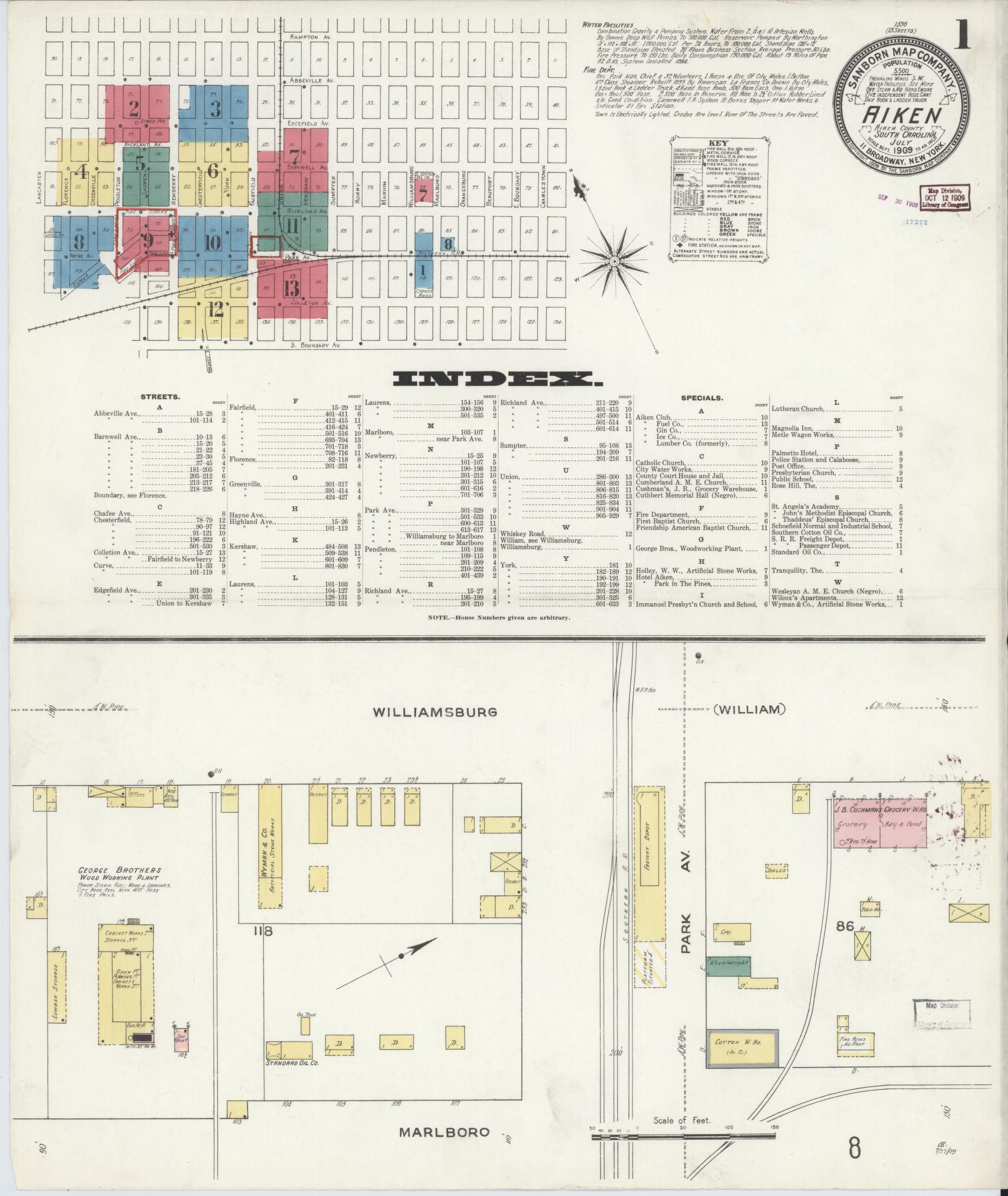 Sanborn Fire Insurance Map from Aiken, Aiken County, South Carolina (1909), Sheet #0001 - Complete Map Set gallery image, historic Sanborn map, vintage wall art, South Carolina South Carolina