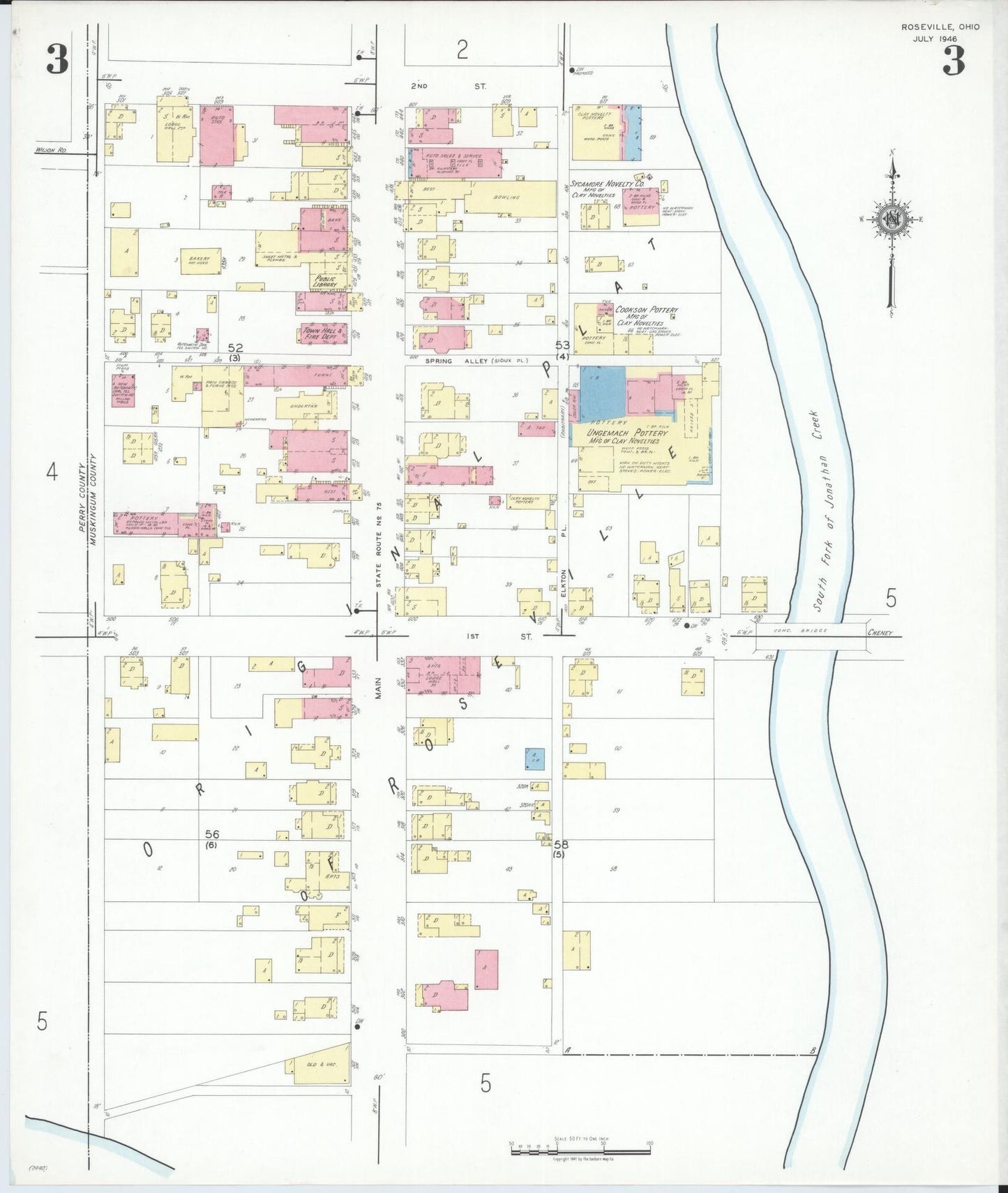 Sanborn Fire Insurance Map from Roseville, Perry And Muskingum Counties, Ohio (1946), Sheet #0003 - Historic Sanborn Fire Insurance Map Print, vintage old map wall art, antique decor, genealogy gift, Ohio Ohio map