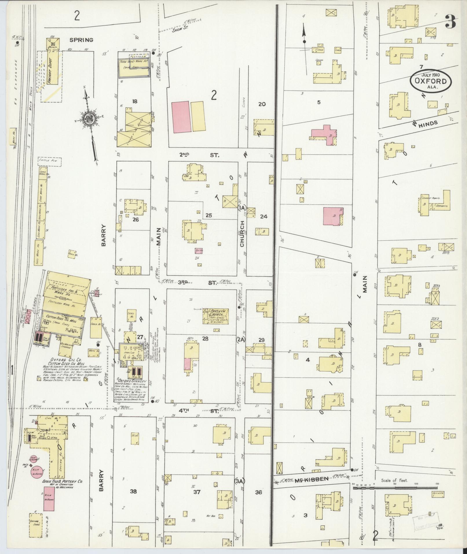 Sanborn Fire Insurance Map from Oxford, Calhoun County, Alabama (1910), Sheet #0003 - Historic Sanborn Fire Insurance Map Print, vintage old map wall art, antique decor, genealogy gift, Alabama Alabama map
