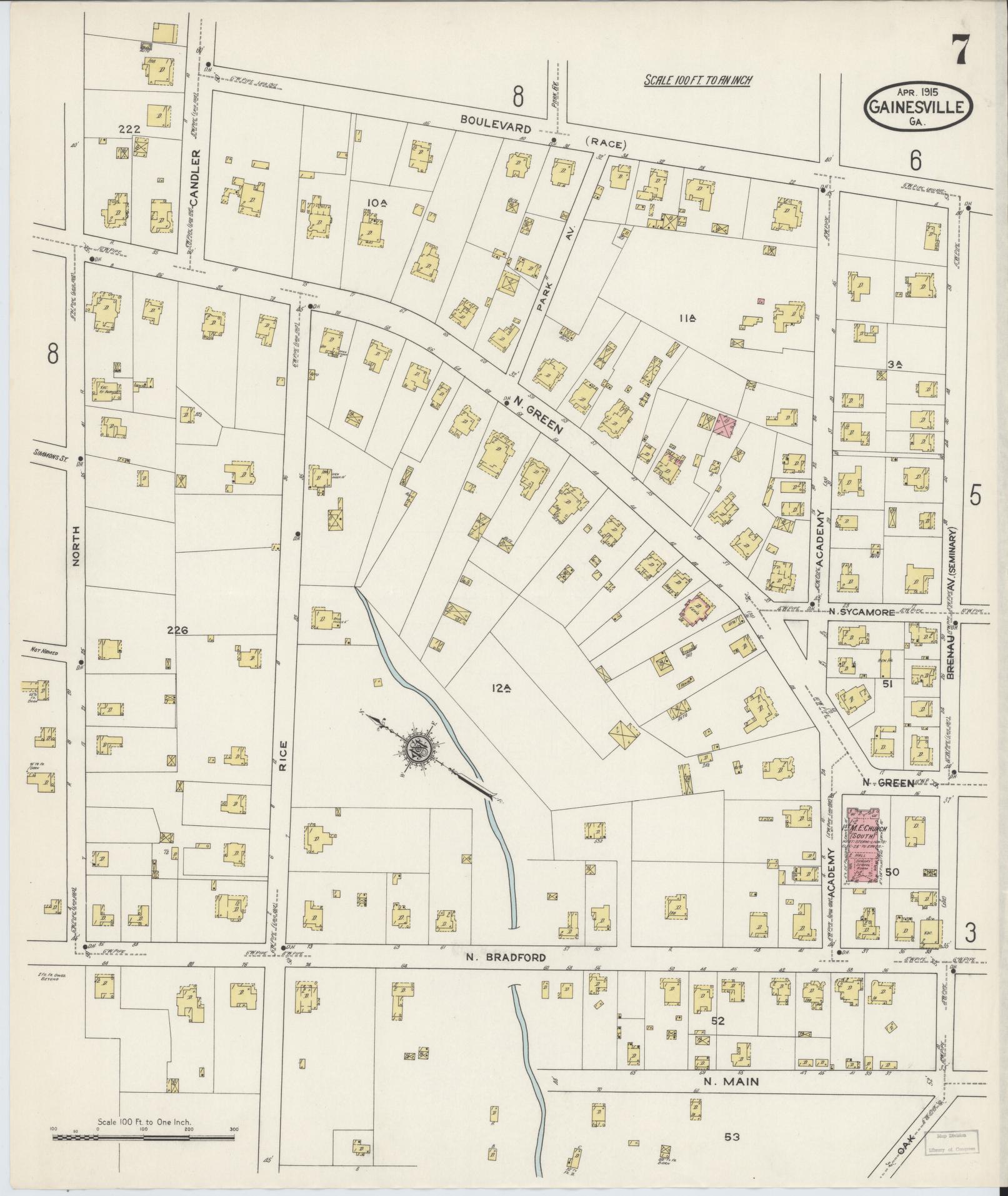 Sanborn Fire Insurance Map from Gainesville, Hall County, Georgia (1915), Sheet #0007 - Complete Map Set gallery image, historic Sanborn map, vintage wall art, Georgia Georgia