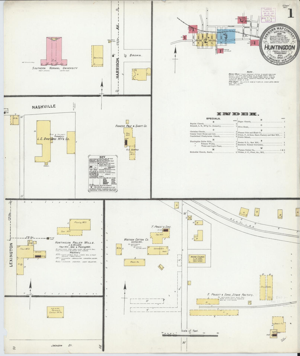 Sanborn Fire Insurance Map from Huntingdon, Carroll County, Tennessee (1905), Sheet #0001 - Complete Map Set gallery image, historic Sanborn map, vintage wall art, Tennessee Tennessee