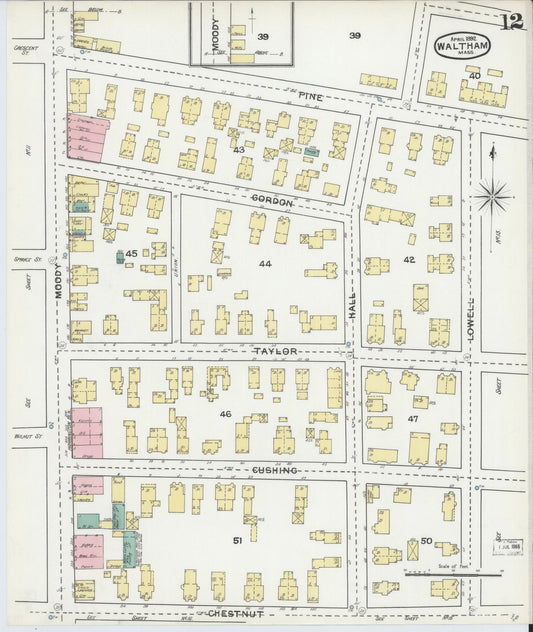 Sanborn Fire Insurance Map from Waltham, Middlesex County, Massachusetts (1892), Sheet #0012 - Historic Sanborn Fire Insurance Map Print, vintage old map wall art, antique decor, genealogy gift, Massachusetts Massachusetts map