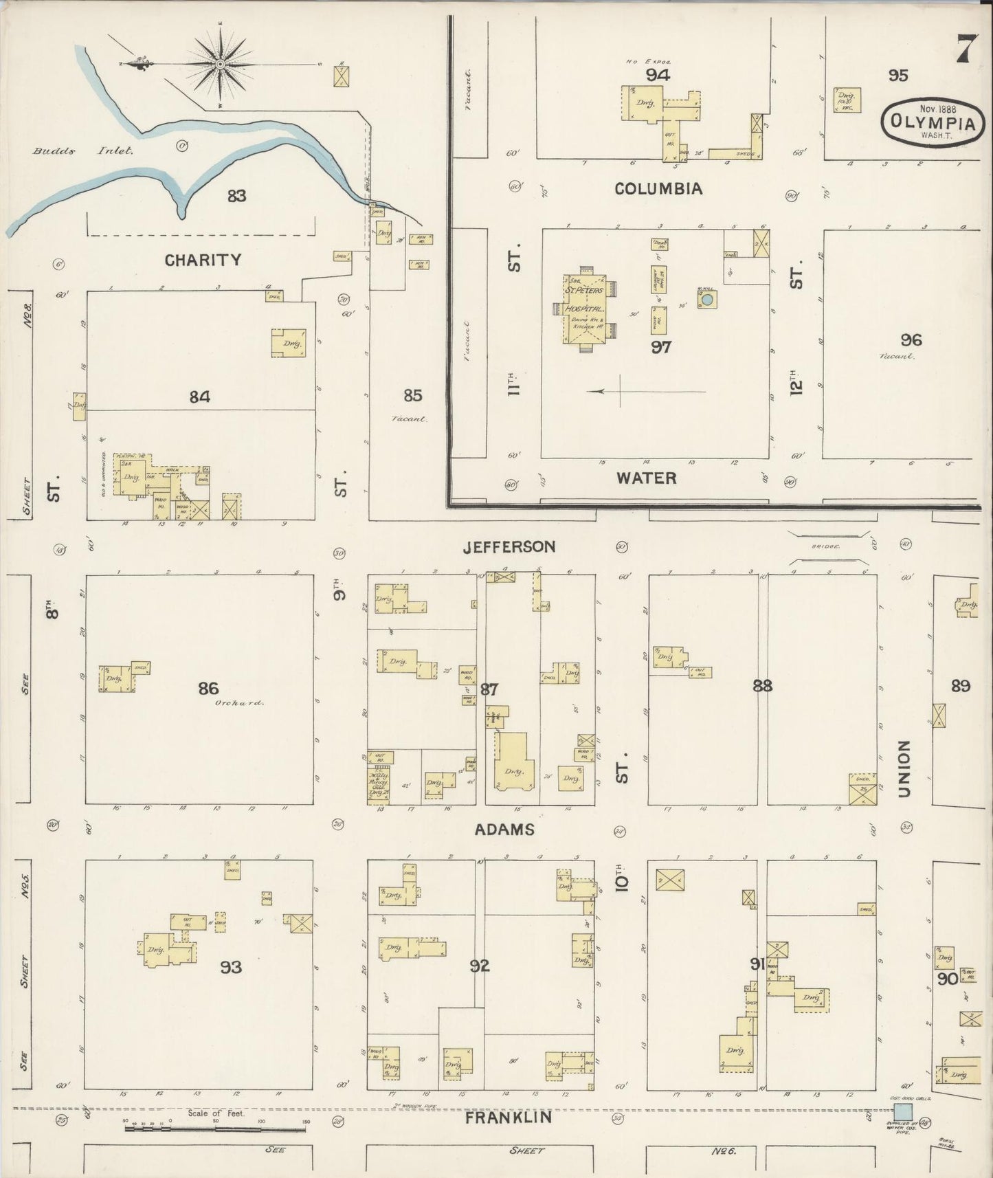 Sanborn Fire Insurance Map from Olympia, Thurston County, Washington (1888), Sheet #0007 - Complete Map Set gallery image, historic Sanborn map, vintage wall art, Washington Washington