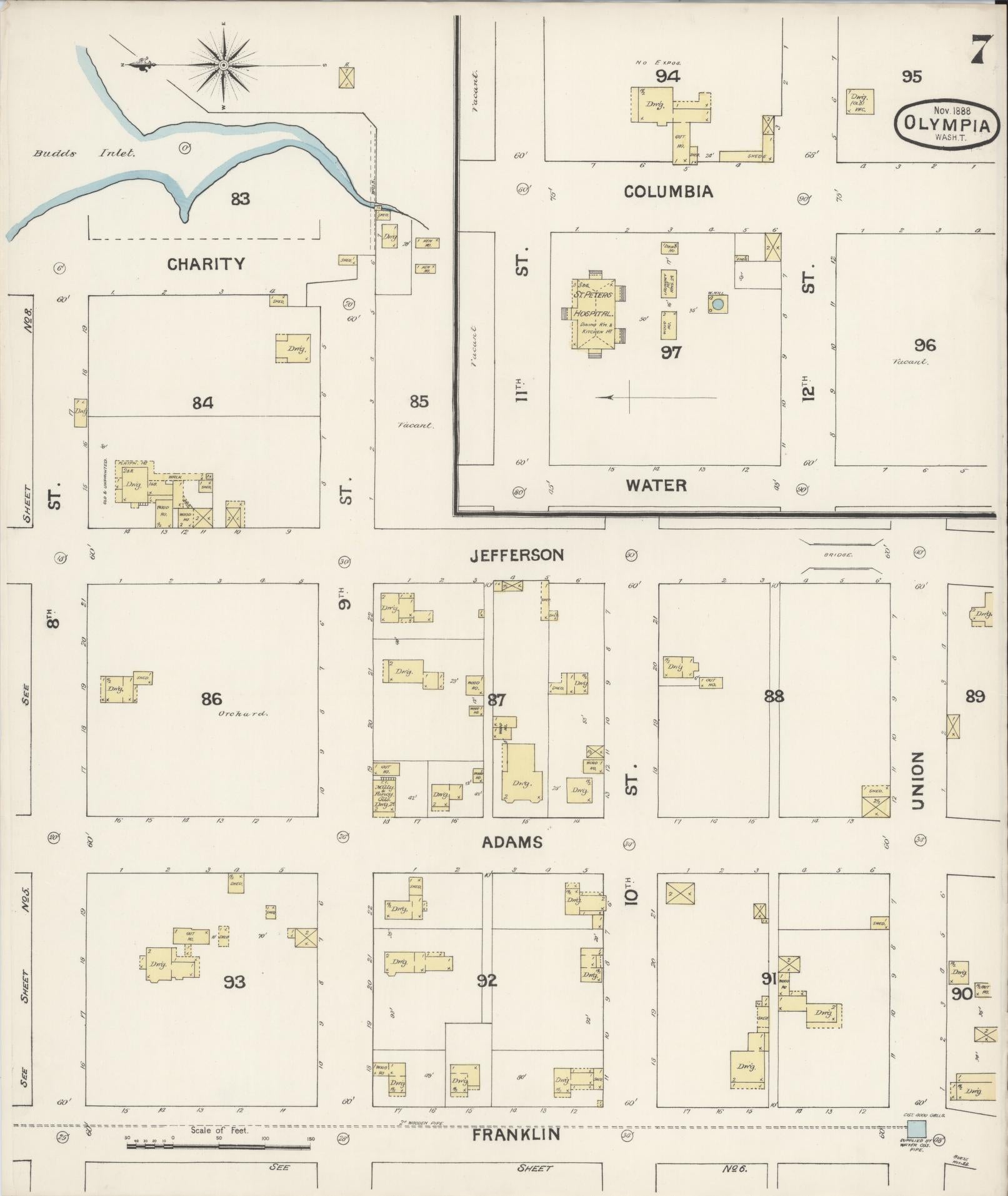 Sanborn Fire Insurance Map from Olympia, Thurston County, Washington (1888), Sheet #0007 - Complete Map Set gallery image, historic Sanborn map, vintage wall art, Washington Washington