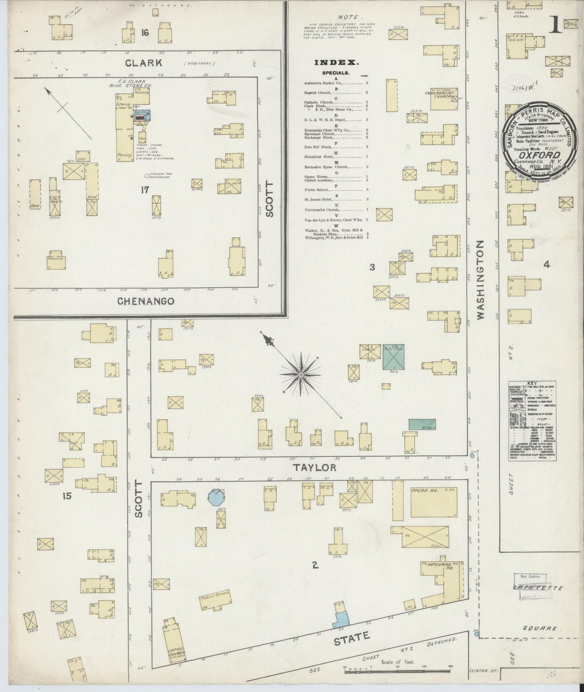 Sanborn Fire Insurance Map from Oxford, Chenango County, New York (1891), Sheet #0001 - Complete Map Set gallery image, historic Sanborn map, vintage wall art, New York New York