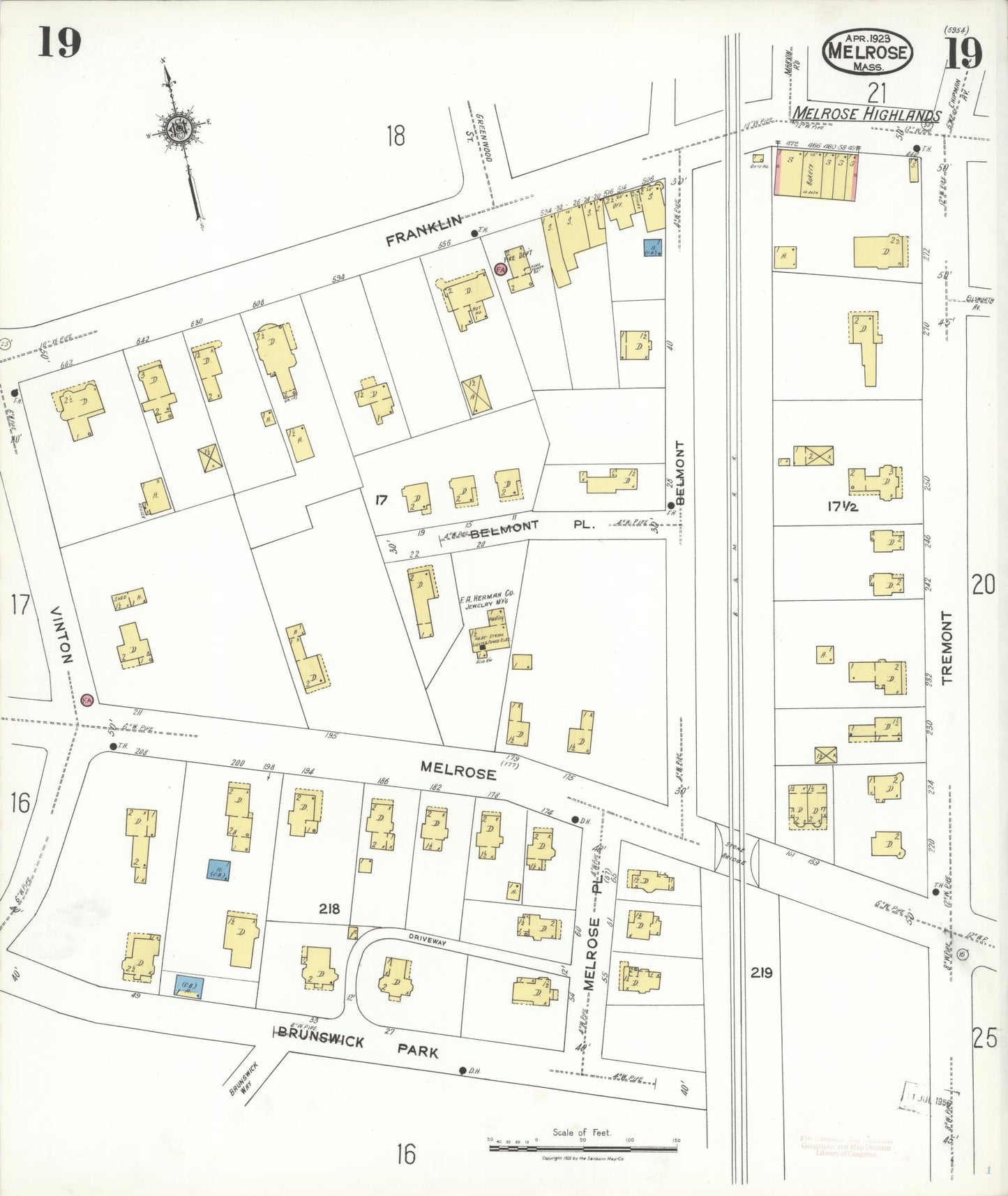 Sanborn Fire Insurance Map from Melrose, Middlesex County, Massachusetts (1923), Sheet #0019 - Historic Sanborn Fire Insurance Map Print, vintage old map wall art, antique decor, genealogy gift, Massachusetts Massachusetts map