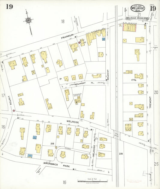 Sanborn Fire Insurance Map from Melrose, Middlesex County, Massachusetts (1923), Sheet #0019 - Historic Sanborn Fire Insurance Map Print, vintage old map wall art, antique decor, genealogy gift, Massachusetts Massachusetts map