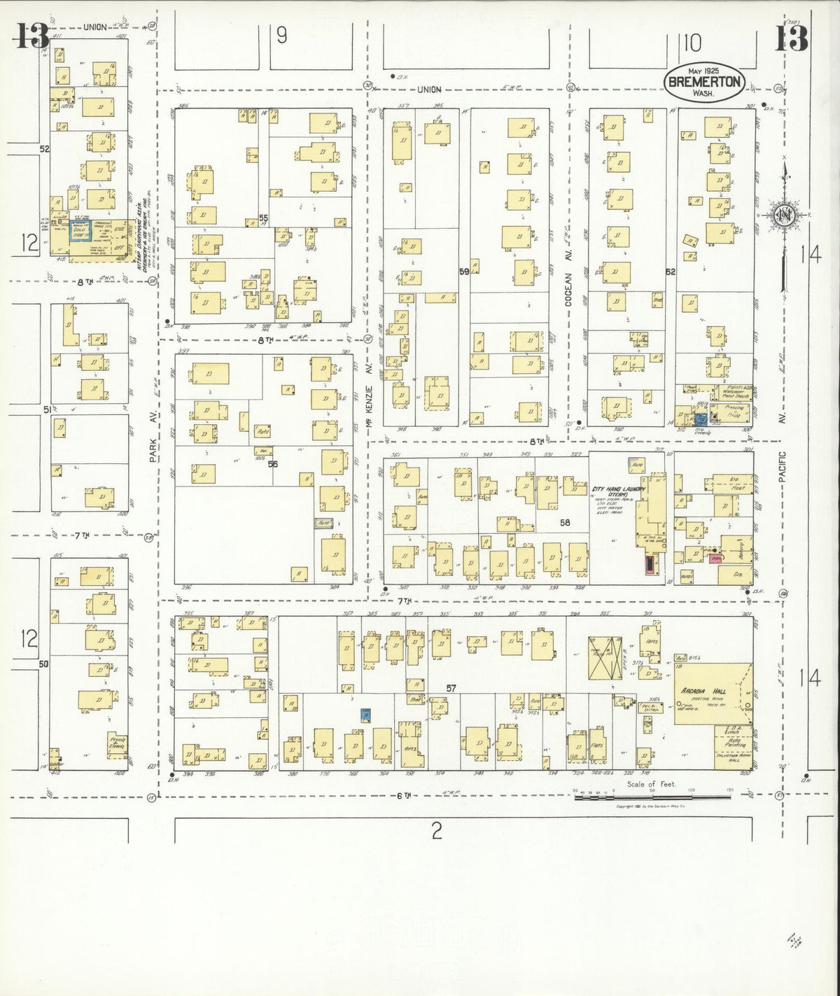 Sanborn Fire Insurance Map from Bremerton, Kitsap County, Washington (1925), Sheet #0013 - Historic Sanborn Fire Insurance Map Print, vintage old map wall art, antique decor, genealogy gift, Washington Washington map