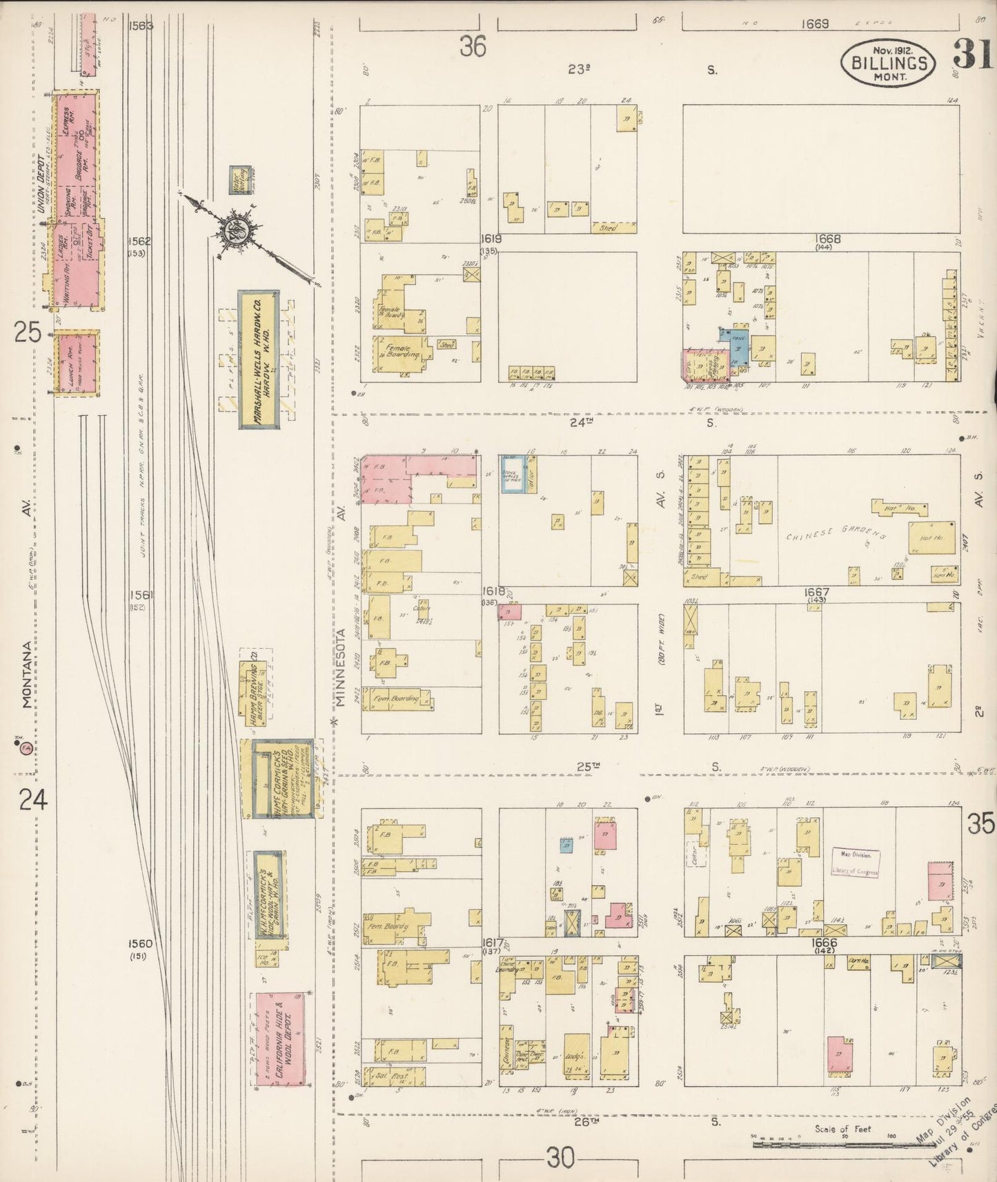 Sanborn Fire Insurance Map from Billings, Yellowstone County, Montana (1912), Sheet #0031 - Complete Map Set gallery image, historic Sanborn map, vintage wall art, Montana Montana