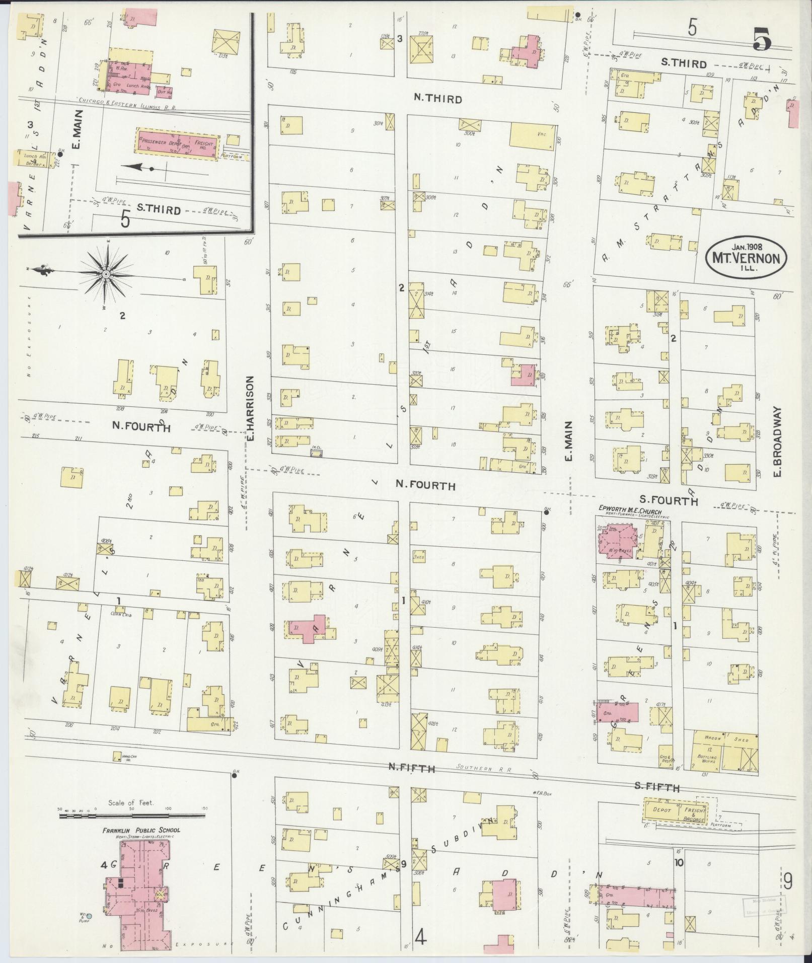 Sanborn Fire Insurance Map from Mount Vernon, Jefferson County, Illinois (1908), Sheet #0005 - Historic Sanborn Fire Insurance Map Print, vintage old map wall art, antique decor, genealogy gift, Illinois Illinois map