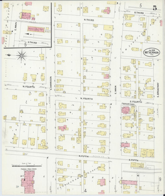 Sanborn Fire Insurance Map from Mount Vernon, Jefferson County, Illinois (1908), Sheet #0005 - Historic Sanborn Fire Insurance Map Print, vintage old map wall art, antique decor, genealogy gift, Illinois Illinois map