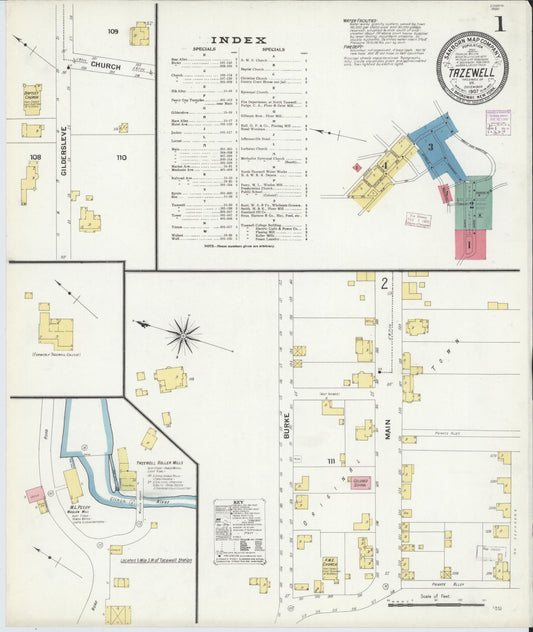 Sanborn Fire Insurance Map from Tazewell, Tazewell County, Virginia (1907), Sheet #0001 - Complete Map Set gallery image, historic Sanborn map, vintage wall art, Virginia Virginia