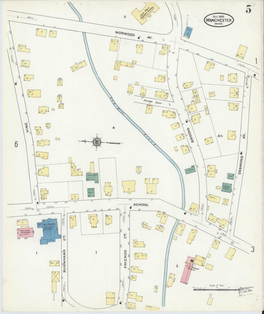 Sanborn Fire Insurance Map from Manchester, Essex County, Massachusetts (1909), Sheet #0005 - Historic Sanborn Fire Insurance Map Print, vintage old map wall art, antique decor, genealogy gift, Massachusetts Massachusetts map
