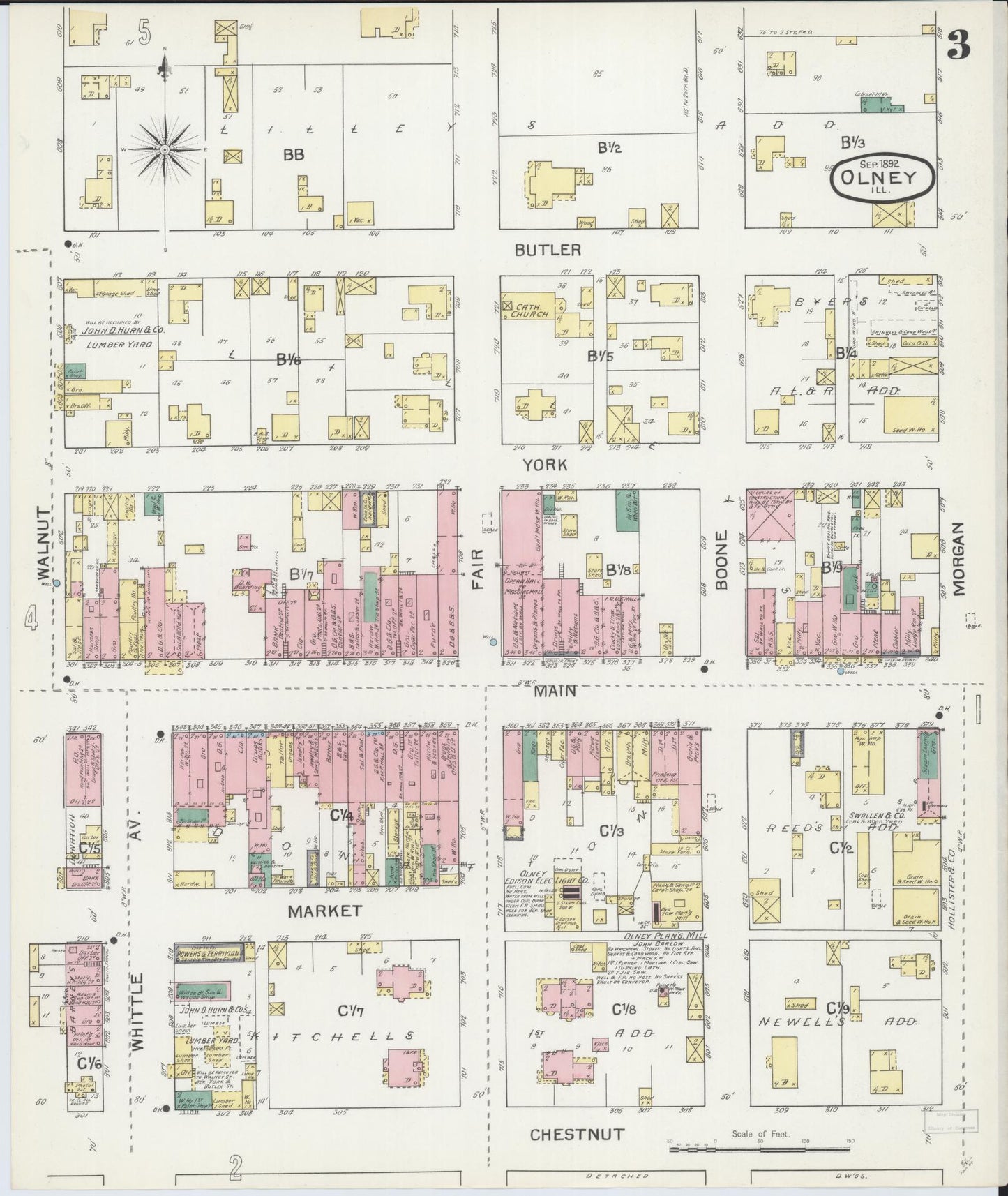 Sanborn Fire Insurance Map from Olney, Richland County, Illinois (1892), Sheet #0003 - Complete Map Set gallery image, historic Sanborn map, vintage wall art, Illinois Illinois