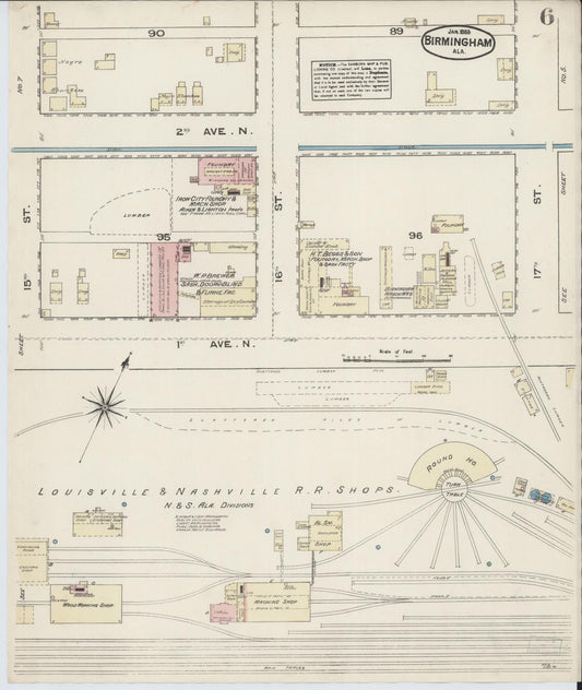 Sanborn Fire Insurance Map from Birmingham, Jefferson County, Alabama (1885), Sheet #0006 - Historic Sanborn Fire Insurance Map Print, vintage old map wall art, antique decor, genealogy gift, Alabama Alabama map