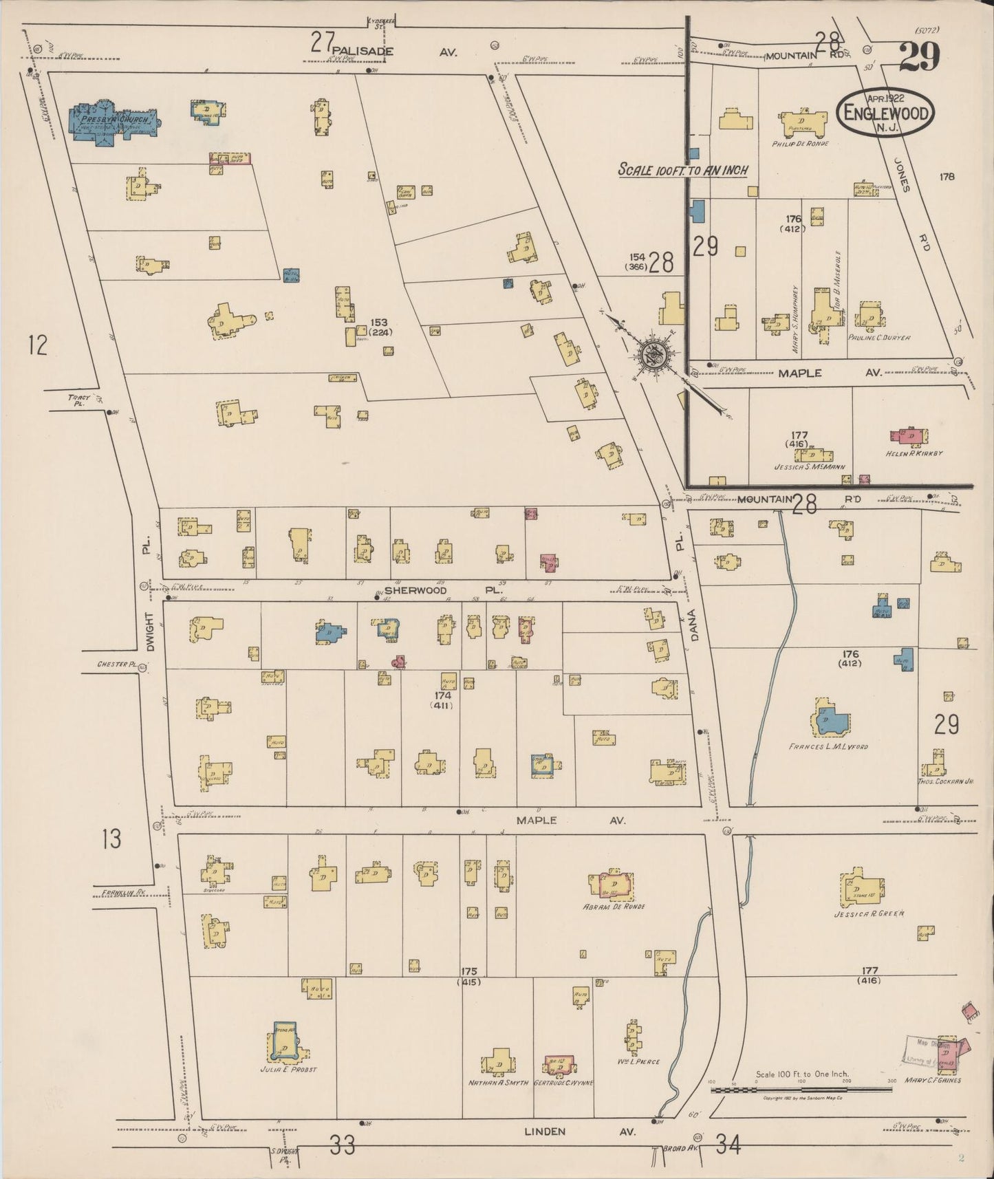 Sanborn Fire Insurance Map from Englewood, Bergen County, New Jersey (1922), Sheet #0029 - Historic Sanborn Fire Insurance Map Print, vintage old map wall art, antique decor, genealogy gift, New Jersey New Jersey map
