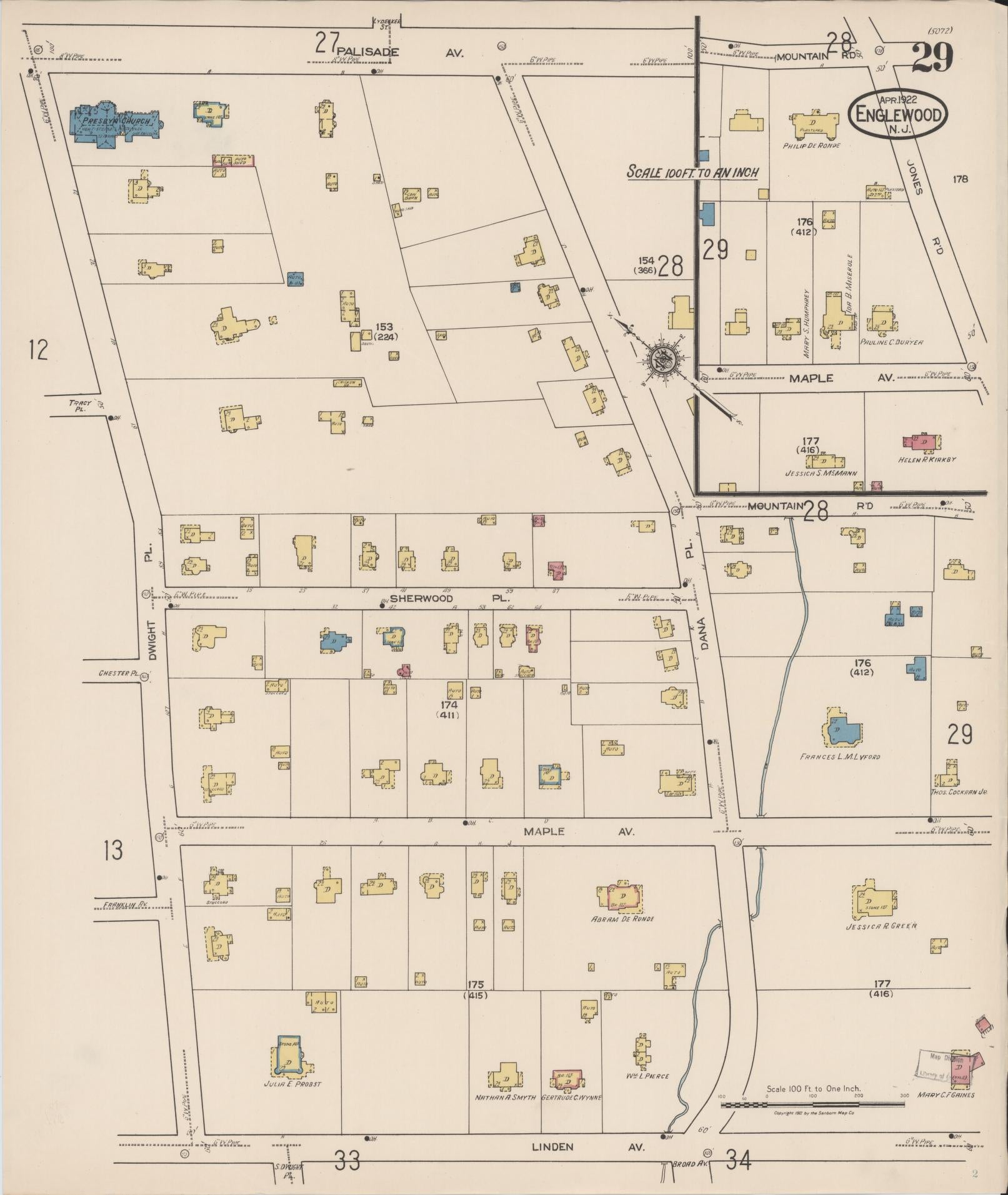 Sanborn Fire Insurance Map from Englewood, Bergen County, New Jersey (1922), Sheet #0029 - Historic Sanborn Fire Insurance Map Print, vintage old map wall art, antique decor, genealogy gift, New Jersey New Jersey map