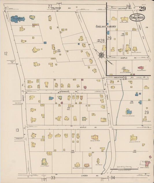 Sanborn Fire Insurance Map from Englewood, Bergen County, New Jersey (1922), Sheet #0029 - Historic Sanborn Fire Insurance Map Print, vintage old map wall art, antique decor, genealogy gift, New Jersey New Jersey map