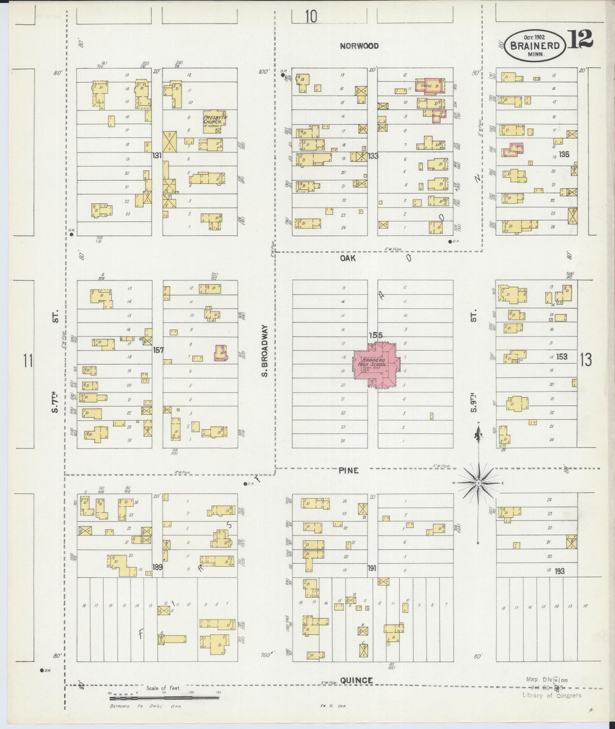 Sanborn Fire Insurance Map from Brainerd, Crow Wing County, Minnesota (1902), Sheet #0012 - Complete Map Set gallery image, historic Sanborn map, vintage wall art, Minnesota Minnesota