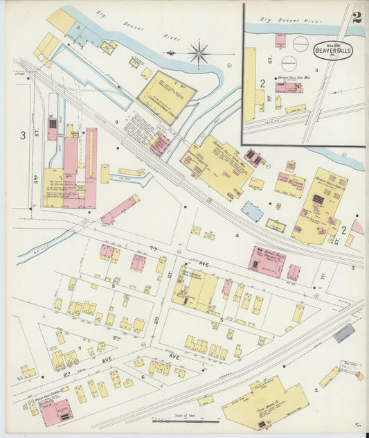 Sanborn Fire Insurance Map from Beaver Falls, Beaver County, Pennsylvania (1896), Sheet #0002 - Historic Sanborn Fire Insurance Map Print, vintage old map wall art, antique decor, genealogy gift, Pennsylvania Pennsylvania map