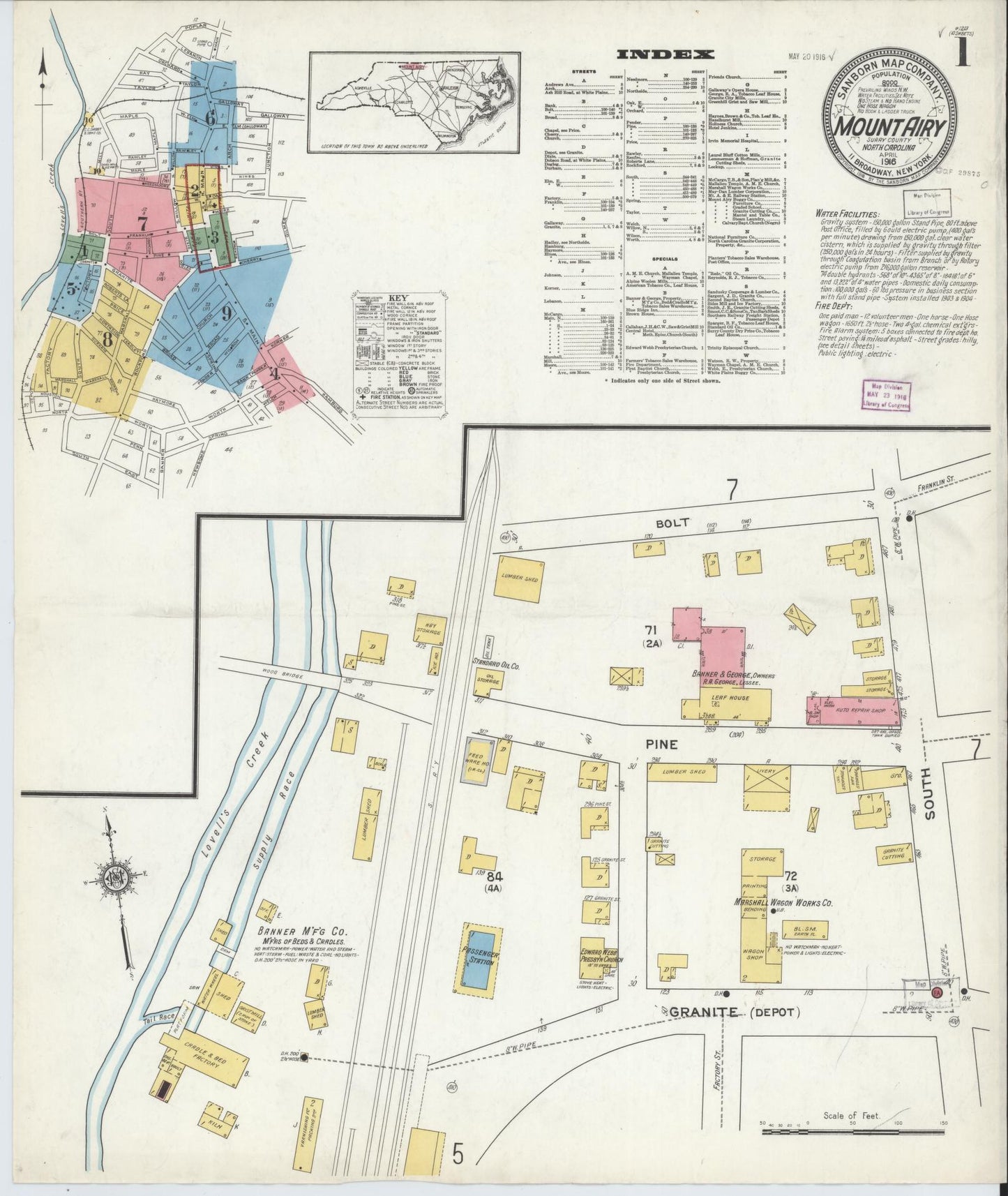 Sanborn Fire Insurance Map from Mount Airy, Surry County, North Carolina (1916), Sheet #0001 - Historic Sanborn Fire Insurance Map Print, vintage old map wall art, antique decor, genealogy gift, North Carolina North Carolina map