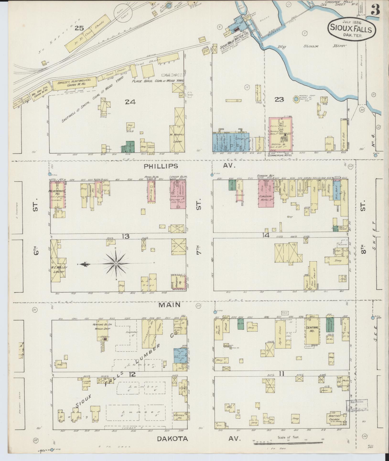 Sanborn Fire Insurance Map from Sioux Falls, Minnehaha County, South Dakota (1886), Sheet #0003 - Complete Map Set gallery image, historic Sanborn map, vintage wall art, South Dakota South Dakota