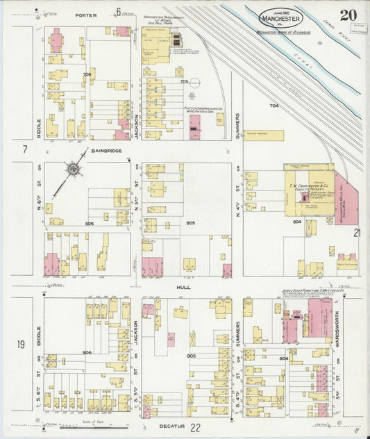 Sanborn Fire Insurance Map from Manchester, Chesterfield County, Virginia (1910), Sheet #0020 - Historic Sanborn Fire Insurance Map Print, vintage old map wall art, antique decor, genealogy gift, Virginia Virginia map