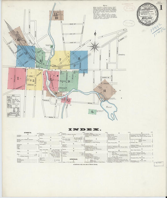 Sanborn Fire Insurance Map from Malone, Franklin County, New York (1898), Sheet #0001 - Complete Map Set gallery image, historic Sanborn map, vintage wall art, New York New York