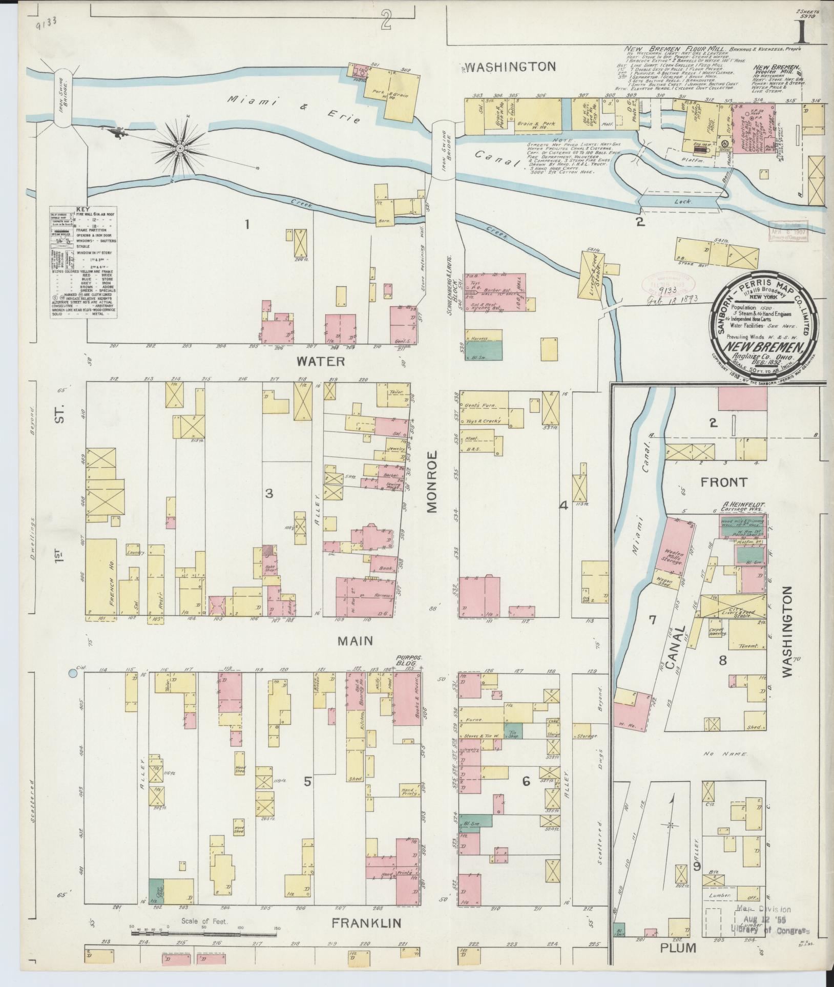 Sanborn Fire Insurance Map from New Bremen, Auglaize County, Ohio (1892), Sheet #0001 - Historic Sanborn Fire Insurance Map Print, vintage old map wall art, antique decor, genealogy gift, Ohio Ohio map