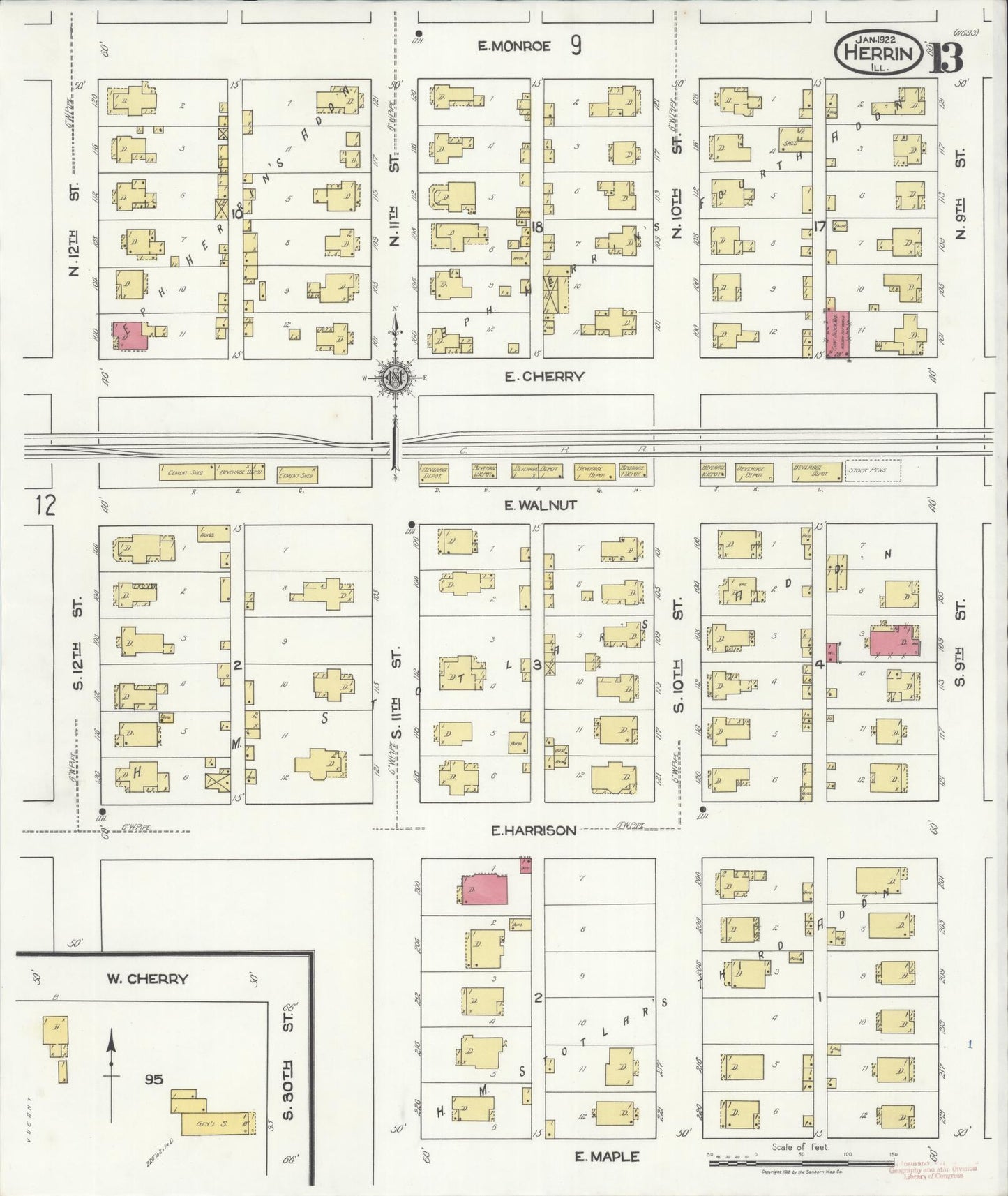 Sanborn Fire Insurance Map from Herrin, Williamson County, Illinois (1922), Sheet #0013 - Complete Map Set gallery image, historic Sanborn map, vintage wall art, Illinois Illinois
