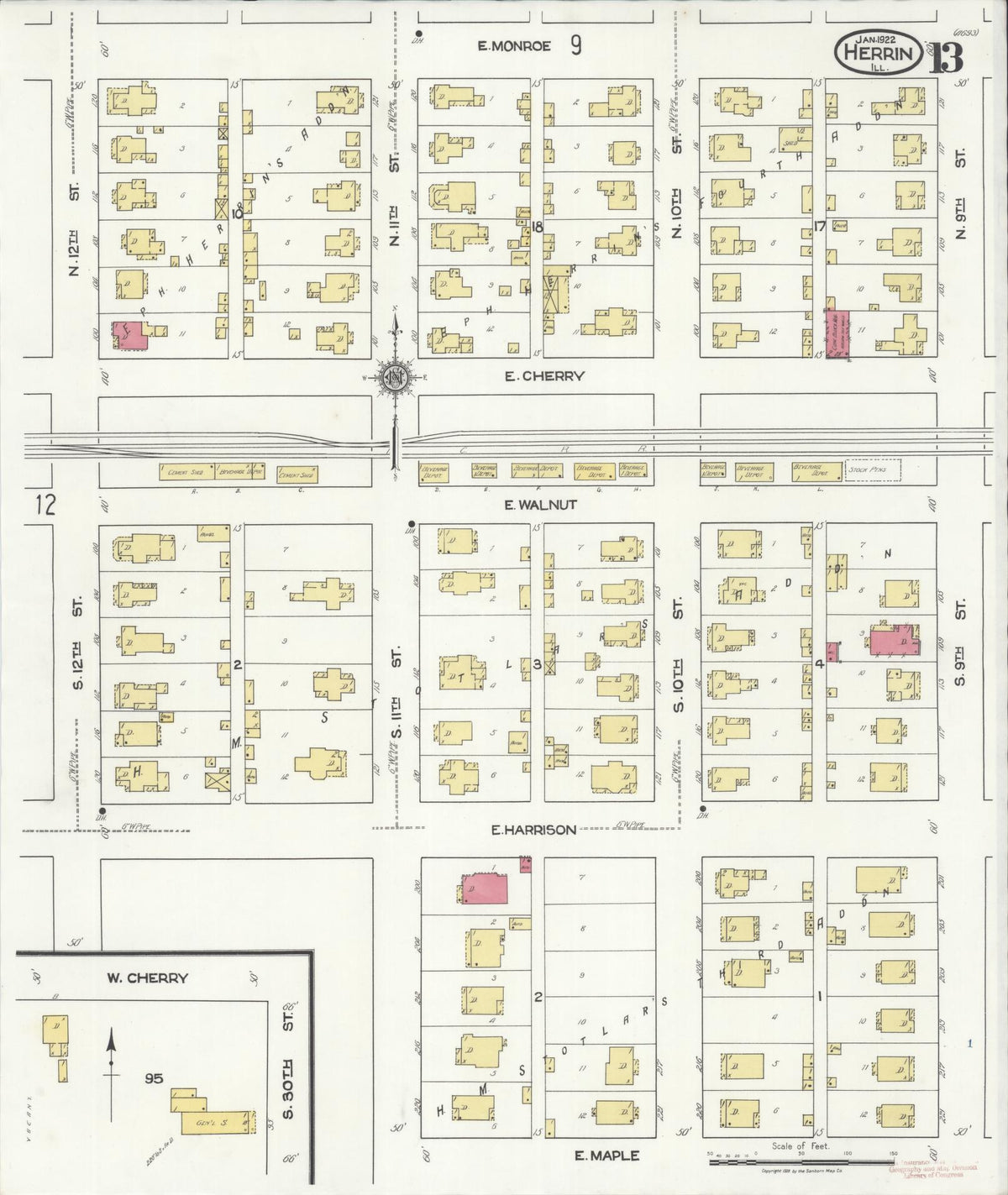 Sanborn Fire Insurance Map from Herrin, Williamson County, Illinois (1922), Sheet #0013 - Complete Map Set gallery image, historic Sanborn map, vintage wall art, Illinois Illinois