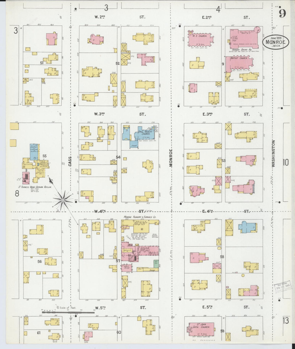 Sanborn Fire Insurance Map from Monroe, Monroe County, Michigan (1899), Sheet #0009 - Historic Sanborn Fire Insurance Map Print, vintage old map wall art, antique decor, genealogy gift, Michigan Michigan map