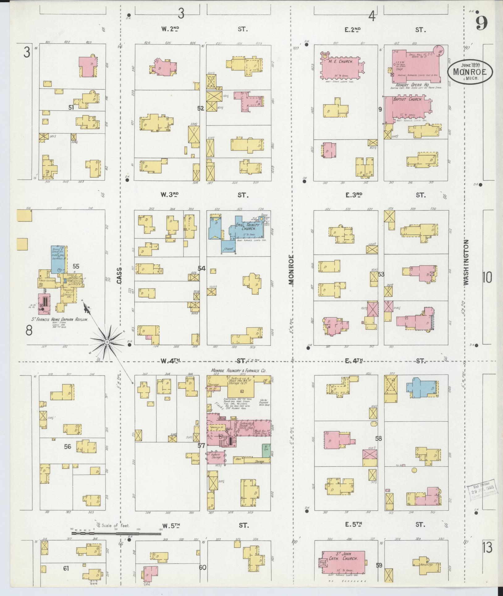 Sanborn Fire Insurance Map from Monroe, Monroe County, Michigan (1899), Sheet #0009 - Historic Sanborn Fire Insurance Map Print, vintage old map wall art, antique decor, genealogy gift, Michigan Michigan map