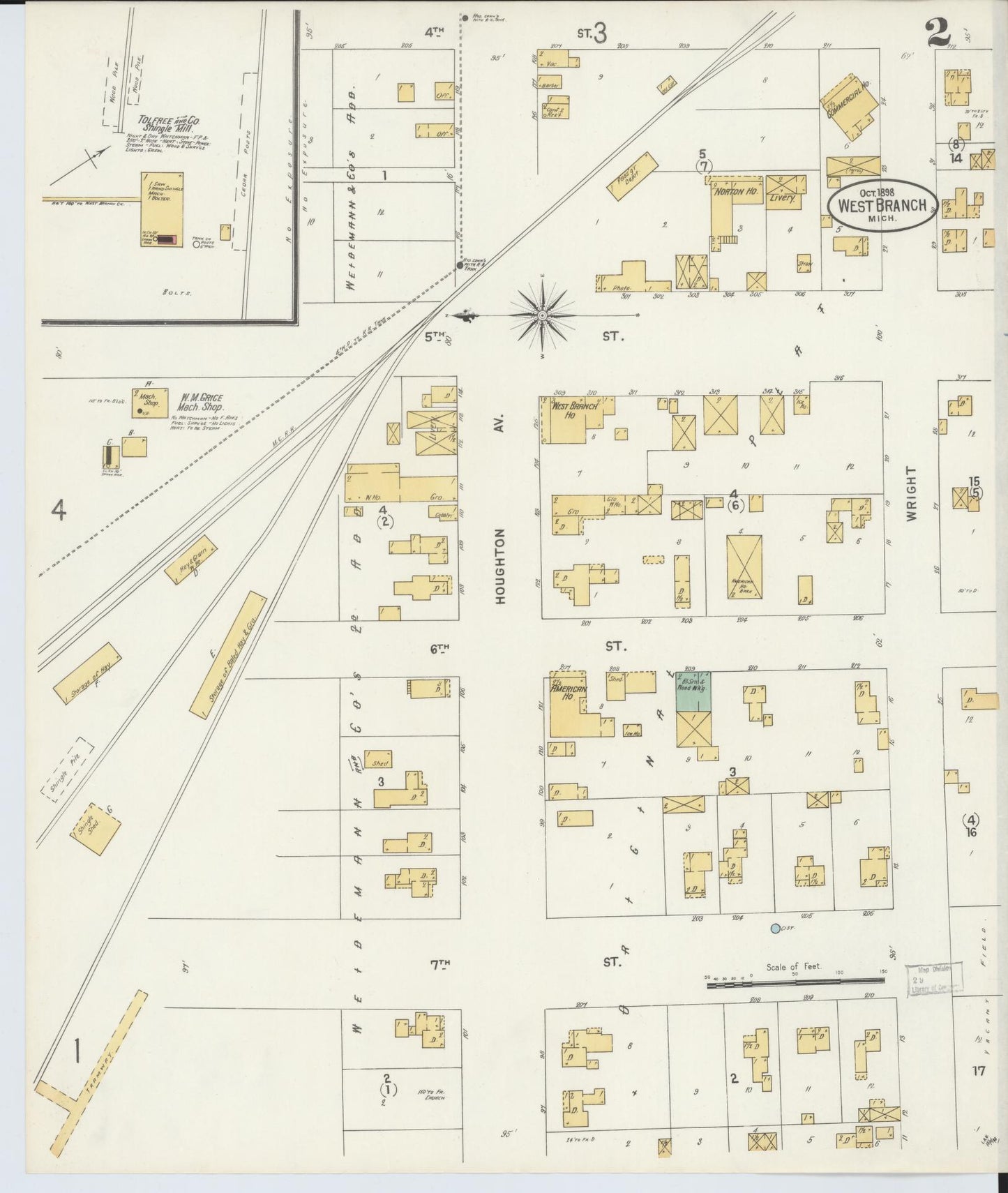 Sanborn Fire Insurance Map from West Branch, Ogemaw County, Michigan (1898), Sheet #0002 - Complete Map Set gallery image, historic Sanborn map, vintage wall art, Michigan Michigan