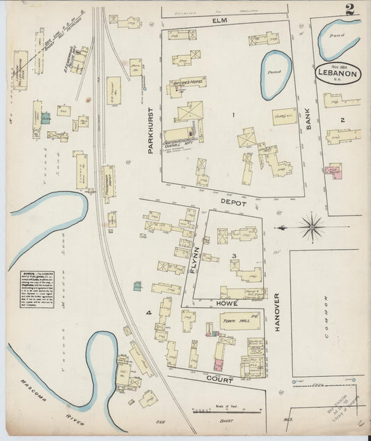 Sanborn Fire Insurance Map from Lebanon, Grafton County, New Hampshire (1884), Sheet #0002 - Historic Sanborn Fire Insurance Map Print, vintage old map wall art, antique decor, genealogy gift, New Hampshire New Hampshire map