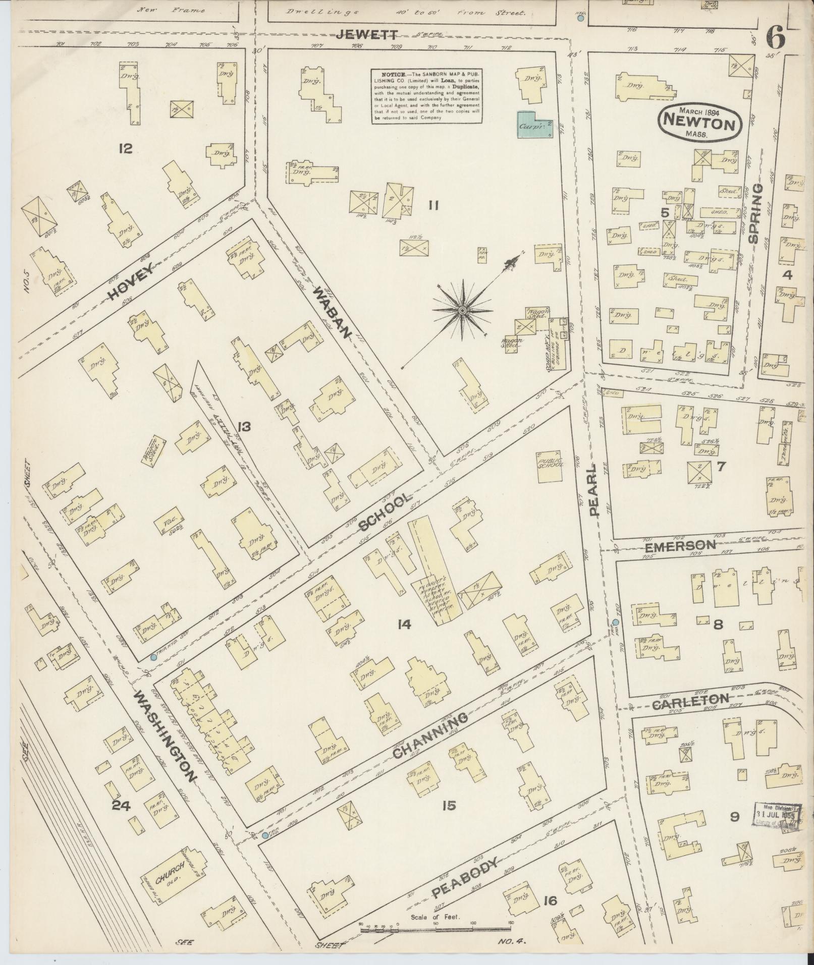 Sanborn Fire Insurance Map from Newton, Middlesex County, Massachusetts (1884), Sheet #0006 - Historic Sanborn Fire Insurance Map Print, vintage old map wall art, antique decor, genealogy gift, Massachusetts Massachusetts map