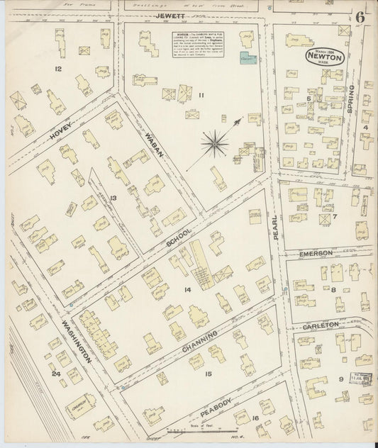 Sanborn Fire Insurance Map from Newton, Middlesex County, Massachusetts (1884), Sheet #0006 - Historic Sanborn Fire Insurance Map Print, vintage old map wall art, antique decor, genealogy gift, Massachusetts Massachusetts map
