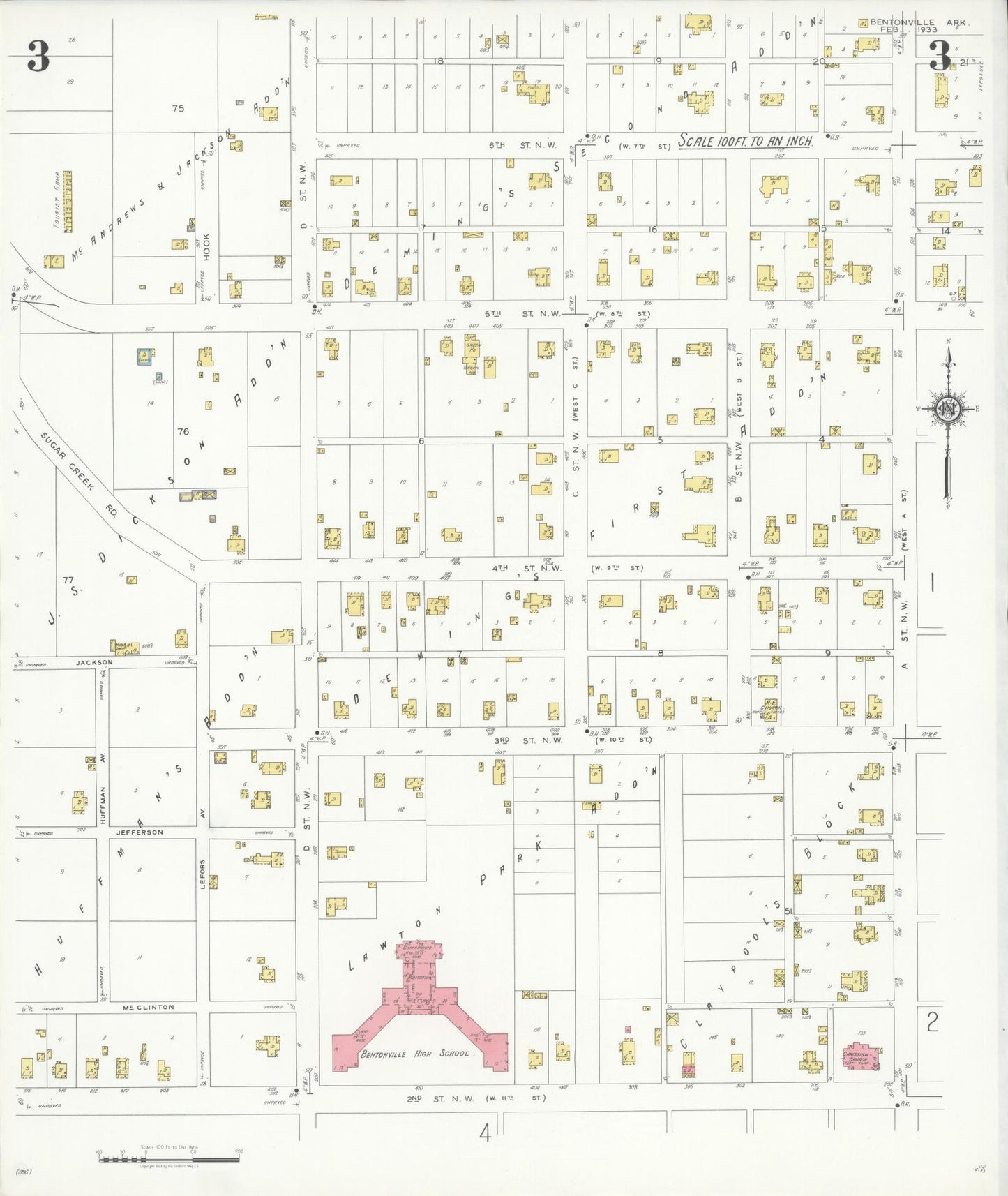 Sanborn Fire Insurance Map from Bentonville, Benton County, Arkansas (1933), Sheet #0003 - Complete Map Set gallery image, historic Sanborn map, vintage wall art, Arkansas Arkansas