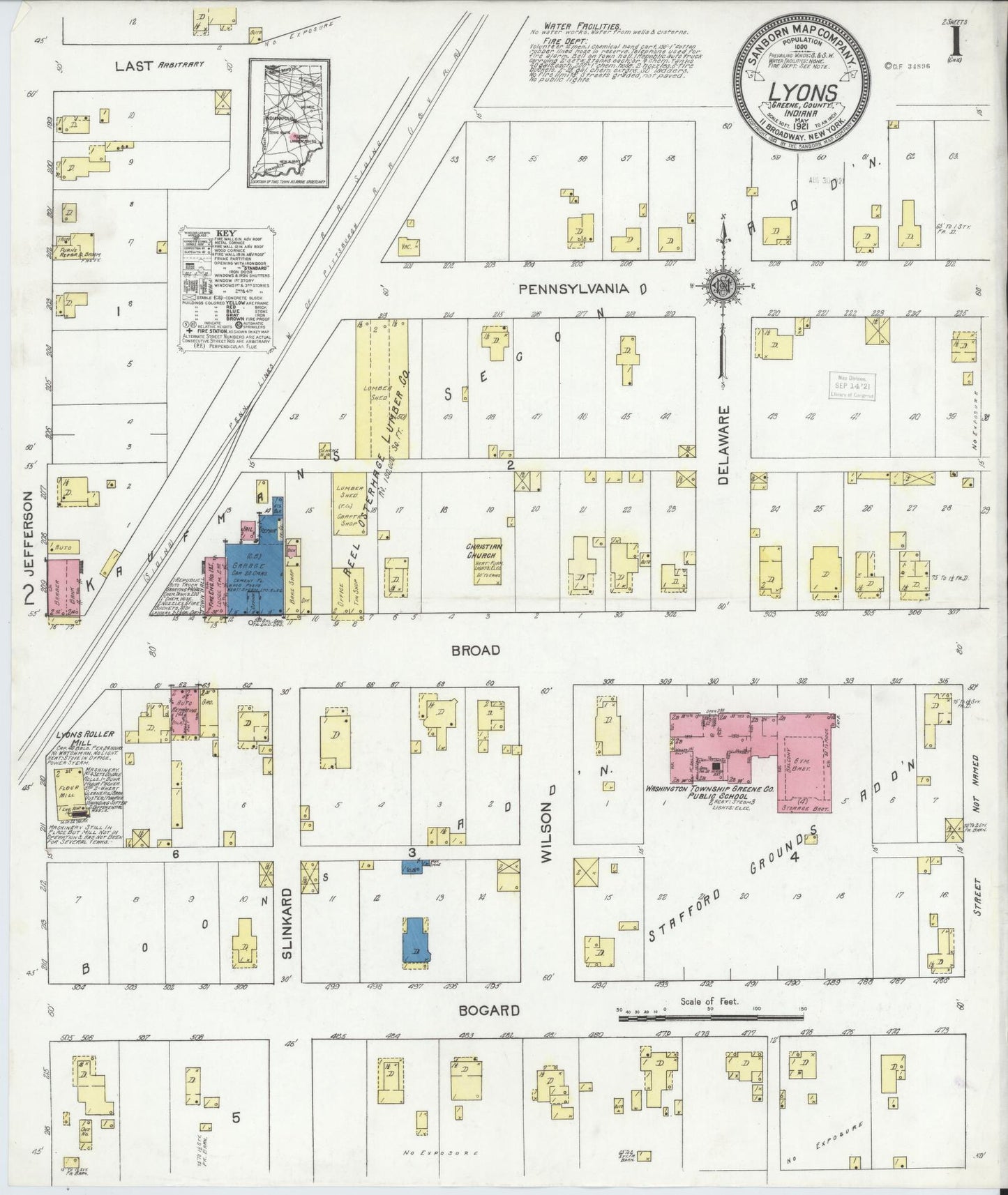 Sanborn Fire Insurance Map from Lyons, Greene County, Indiana (1921), Sheet #0001 - Complete Map Set gallery image, historic Sanborn map, vintage wall art, Indiana Indiana