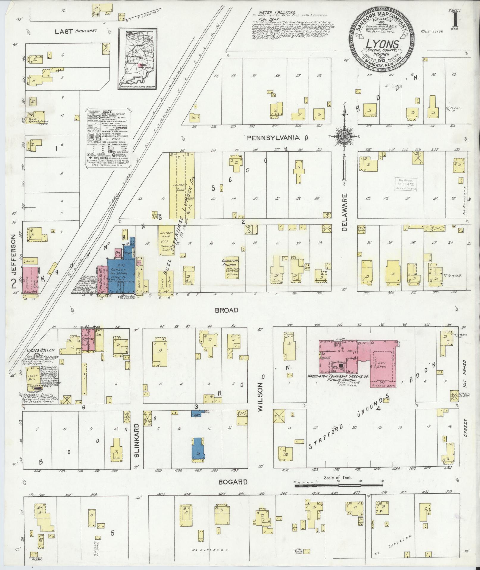 Sanborn Fire Insurance Map from Lyons, Greene County, Indiana (1921), Sheet #0001 - Complete Map Set gallery image, historic Sanborn map, vintage wall art, Indiana Indiana