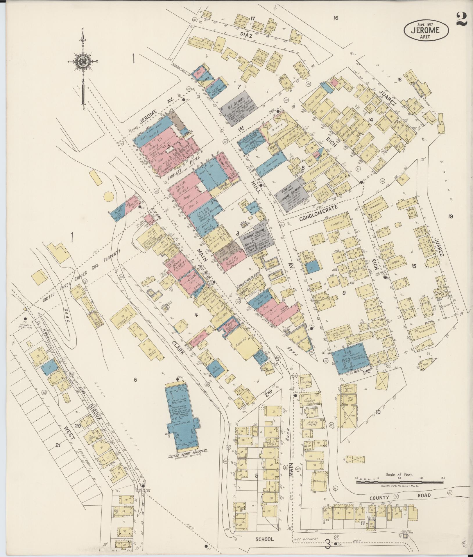 Sanborn Fire Insurance Map from Jerome, Yavapai County, Arizona (1917), Sheet #0002 - Historic Sanborn Fire Insurance Map Print, vintage old map wall art, antique decor, genealogy gift, Arizona Arizona map