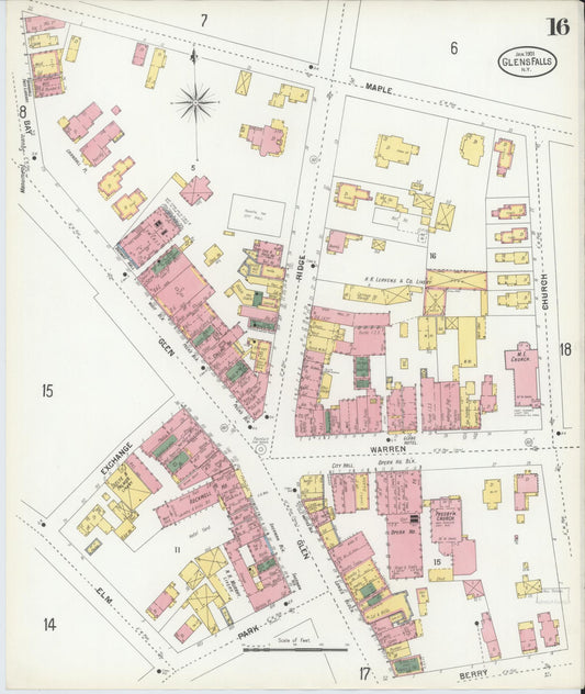 Sanborn Fire Insurance Map from Glens Falls, Warren County, New York (1901), Sheet #0016 - Historic Sanborn Fire Insurance Map Print, vintage old map wall art, antique decor, genealogy gift, New York New York map
