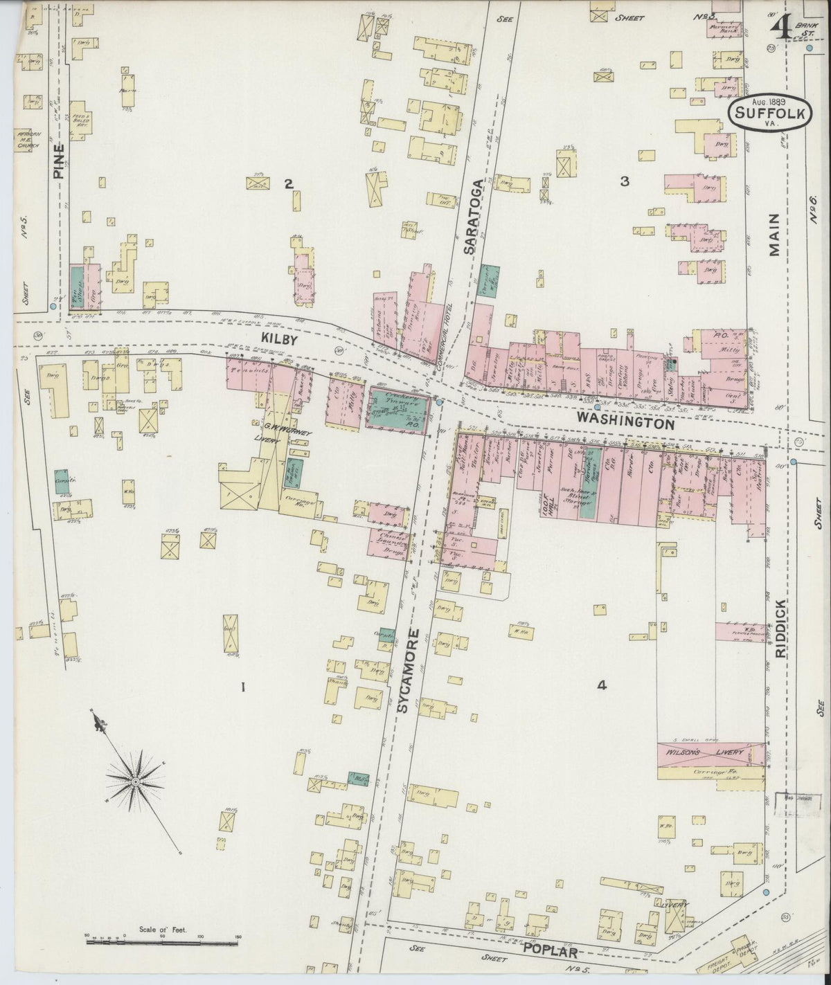 Sanborn Fire Insurance Map from Suffolk, Independent Cities, Virginia (1889), Sheet #0004 - Historic Sanborn Fire Insurance Map Print, vintage old map wall art, antique decor, genealogy gift, Virginia Virginia map