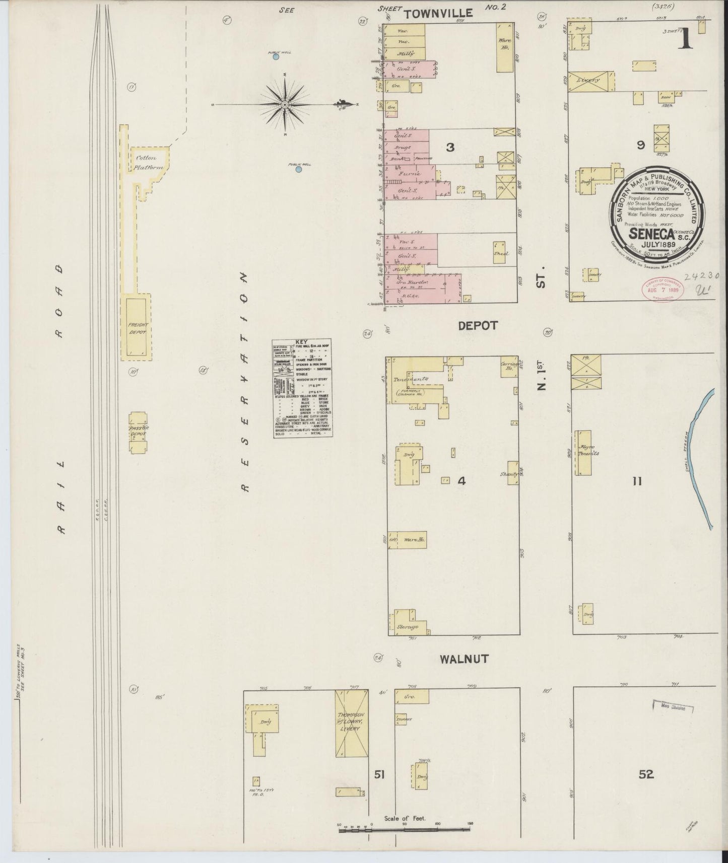 Sanborn Fire Insurance Map from Seneca, Oconee County, South Carolina (1889), Sheet #0001 - Complete Map Set gallery image, historic Sanborn map, vintage wall art, South Carolina South Carolina
