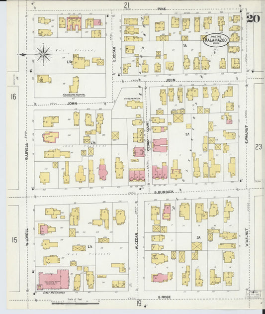 Sanborn Fire Insurance Map from Kalamazoo, Kalamazoo County, Michigan (1902), Sheet #0020 - Historic Sanborn Fire Insurance Map Print, vintage old map wall art, antique decor, genealogy gift, Michigan Michigan map